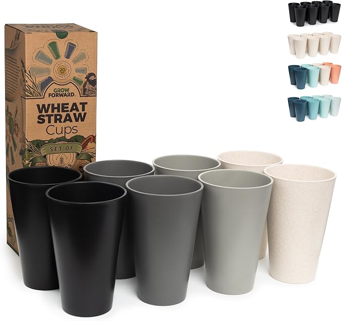 Grow Forward Premium Wheat Straw Cups - 20 oz Unbreakable BPA Free Hard Plastic Cups - Reusable Lightweight Plastic Drinking Glasses for Kitchen, Outdoor, Water, Camping, RV - Moonlight