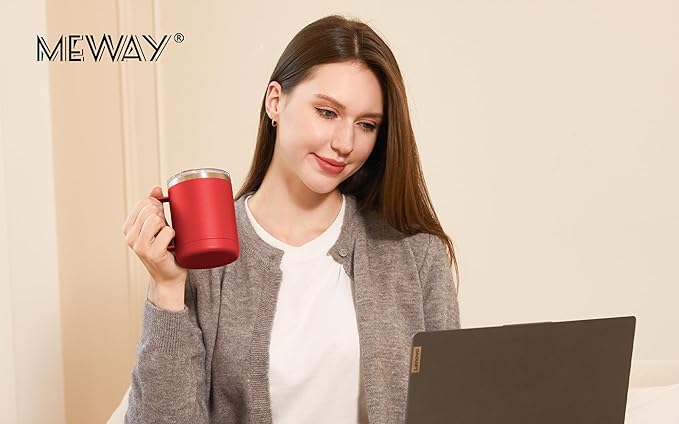 MEWAY 12oz Coffee Mug With Handle 2 Pack Bulk,Stainless Steel Insulated Travel Tumblers With Sliding Lid,Double Wall Vacuum Camping Cup for Hot & Cold Drinks Tea (Red,Set of 2)