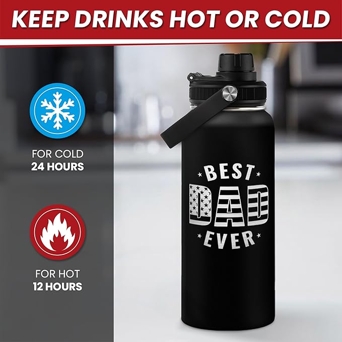 Best Dad Ever Water Bottle 32oz - Dad Bottle Stainless Steel Insulated Sports Bottles with Lid, Gifts for Father from Daughter Son, Dad Gifts for Birthday Christmas Fathers Day