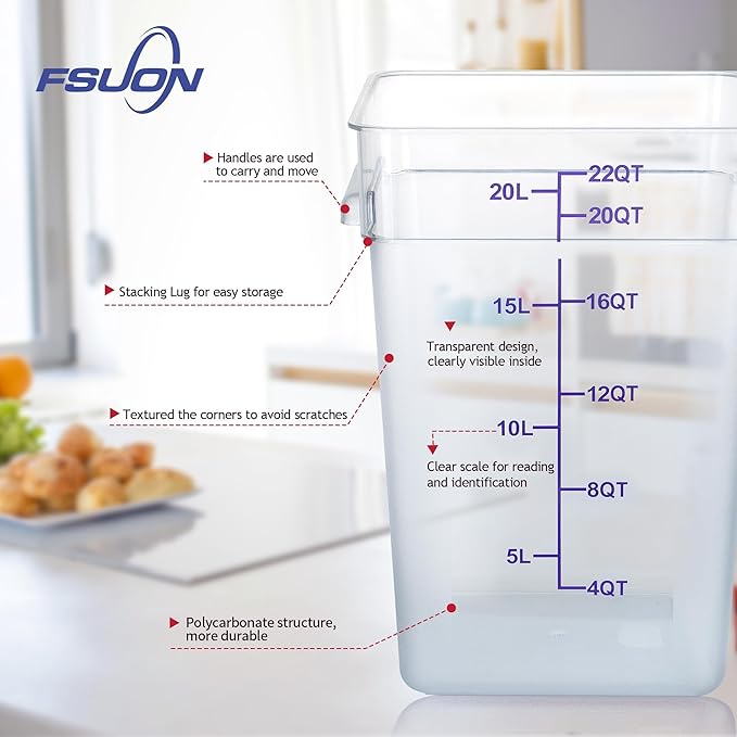 4 Pack Clear Food Storage Containers with Lids and Handles Polycarbonate Square Commercial Food Containers, NSF (22Qt)