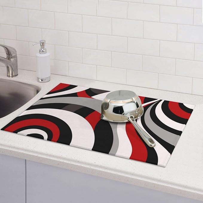 Red Black White and Grey Swirl Microfiber Dish Drying Mats, Absorbent Modern Decorative Kitchen Counter Mat, 18 x 24 inch, Polyester, Washable, Reusable, Foldable, for Dishes Utensils Small Appliances