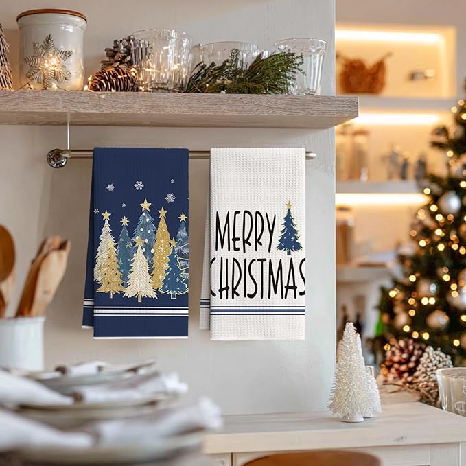Artoid Mode Blue Star Xmas Tree Merry Christmas Kitchen Towels, 18x26 Inch Quick Dry Microfiber Cloth Dish Towels for Kitchen Drying Set of 2