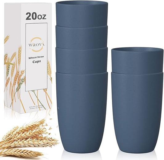 Wrova Wheat Straw Cups 6 PCS Good Alternative to Plastic Reusable Cups 20 oz Unbreakable Drinking Cup Reusable Dishwasher Safe Water Plastic Glasses Navy Blue