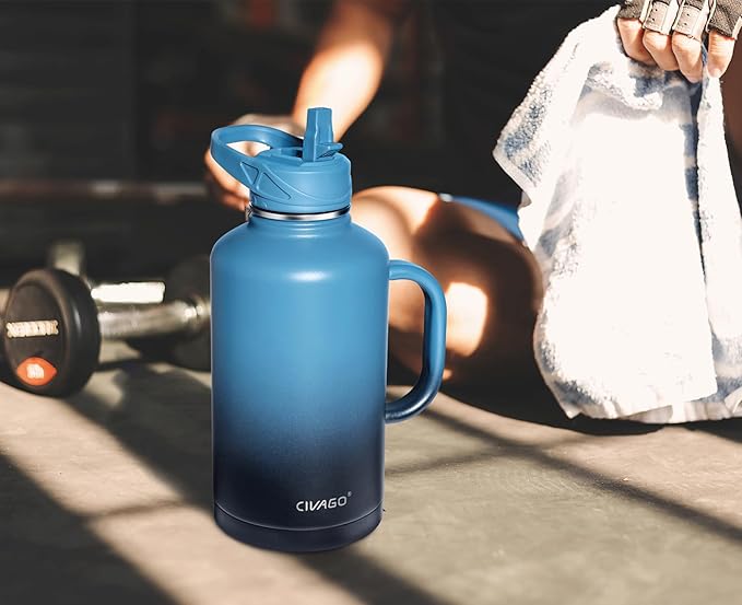 CIVAGO 64 oz Insulated Water Bottle Jug with Straw and Handle, Half Gallon Stainless Steel Water Flask, Large Sports Metal Water Bottle with Straw Lid (3 Lids), Big Thermal Mug Cup, Navy Blue