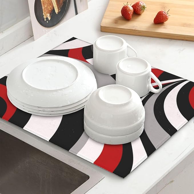 Red Black White and Grey Swirl Microfiber Dish Drying Mats, Absorbent Modern Decorative Kitchen Counter Mat, 16 x 18 inch, Polyester, Washable, Reusable, Foldable, for Dishes Utensils Small Appliances