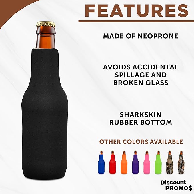 10 Neoprene Zippered Beer Bottle Coolies Pack - Sharkskin Rubber Bottom - Black