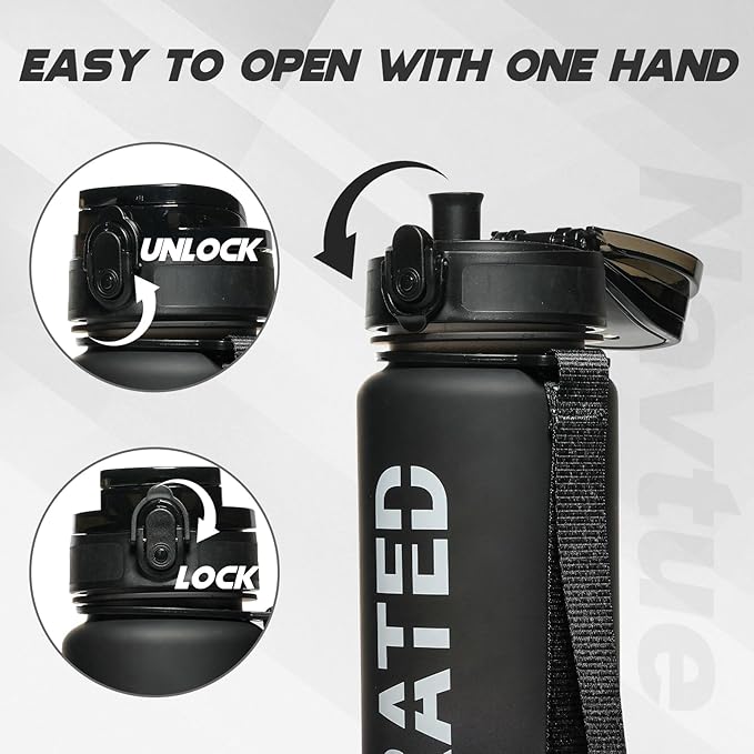 Water Bottle, 32oz Sports Water Bottles with Time Marker Wide Mouth, Motivational and Leakproof Drink Bottle, BPA Free Tritan with Carry Strap for Gym Fitness Outdoor (Direct Drink 1 Bottle)