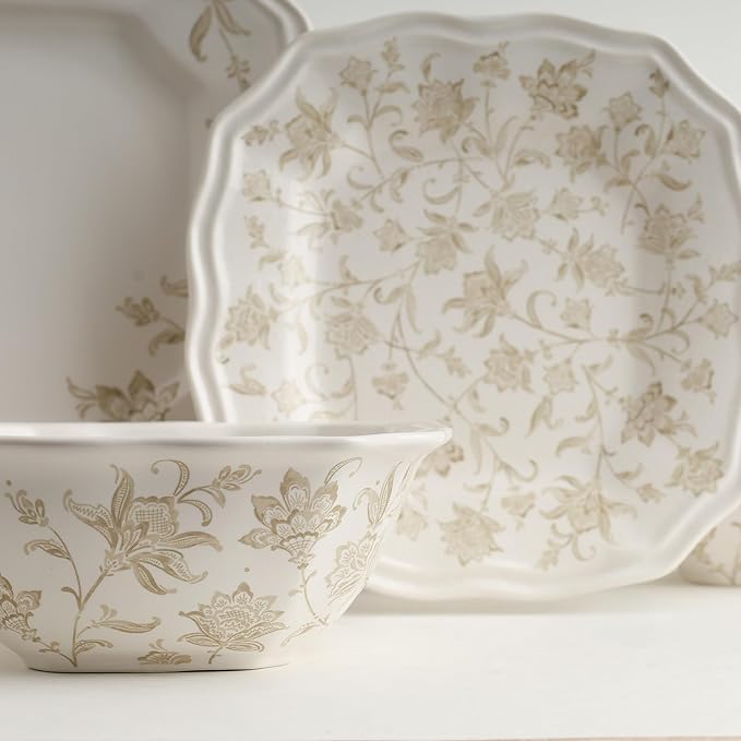 222 Fifth 12-Piece Porcelain Dinnerware Set for 4, Glossy Cream Plates and Bowls Set with Taupe Flowers, Elegant Square Ceramic Dish Set, Kitchen Tableware, Microwave & Dishwasher Safe, Batik Toile