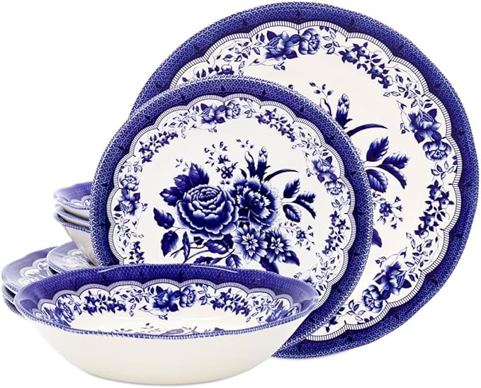 Tudor Royal 12-Piece Porcelain Round Dinnerware Set, Service for 4, Victoria Blue Design, Blue Floral, Plates Bowls Dishes, Glossy, Premium Quality Tableware, Unique Pattern