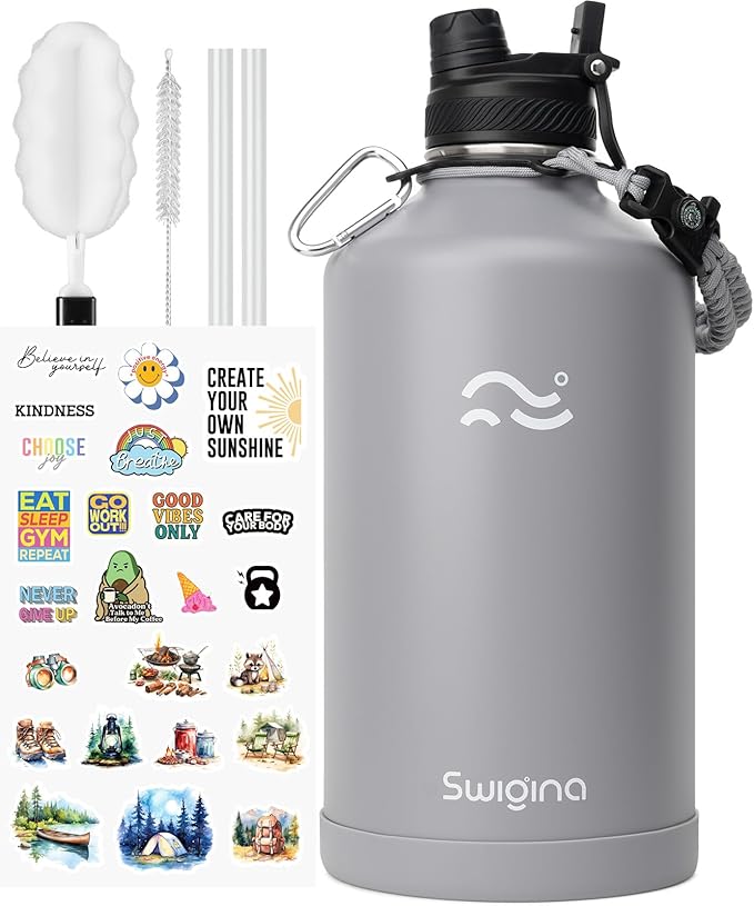 [2-IN-1 LID] Gallon Insulated Water Bottle with Silicone Boot (48hrs Cold/24hrs Hot) - DIY Stickers, Leakproof, BPA Free, 128 oz