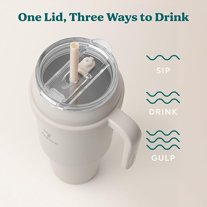 REDUCE Reusable 50 oz Cold1 Water Tumbler – Ergonomic Handle – Double-Wall Insulation – Sturdy Desktop/Tabletop Mug with Lid and Straw – BPA-Free – Stainless Steel for Gym, Home, Office – Casa Blanca