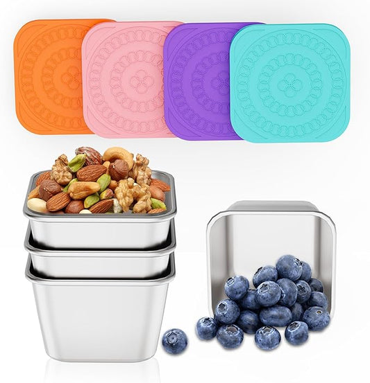 Set of 4 Snackle Box Containers,Toddler Snack Container,Stainless Steel Snack Containers for Kids;Leak Proof Stackable Small Metal Lunch Box with Silicone Lids