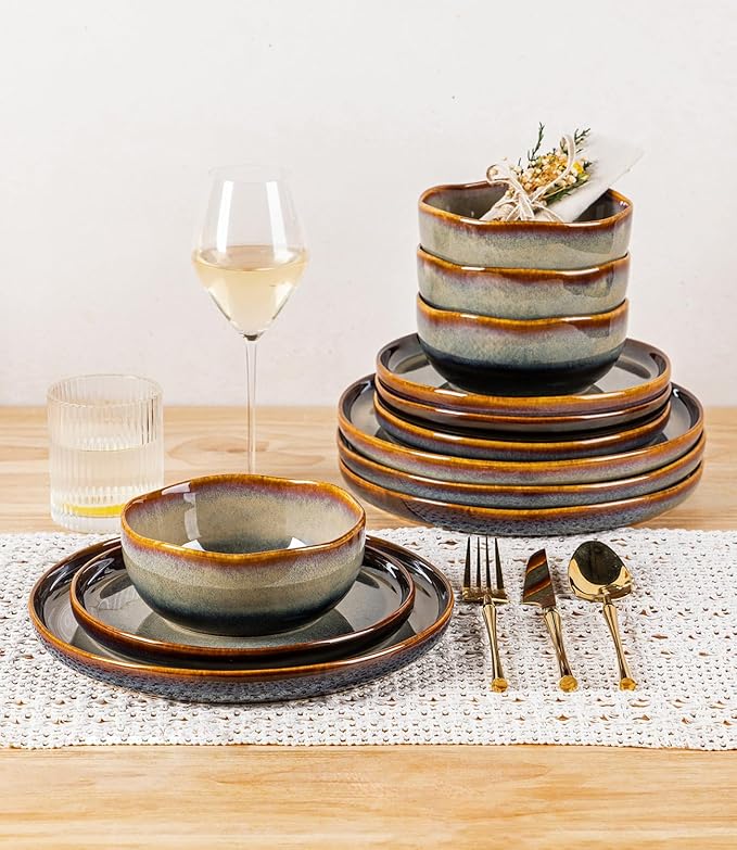 TheTerra Ceramic Dinnerware Sets for 4, 12 Pieces Porcelain Lightweight Plates and Bowls Sets, Scratch Resistant Dish Set, Oven & Microwave & Dishwasher Safe, Coffee Bean