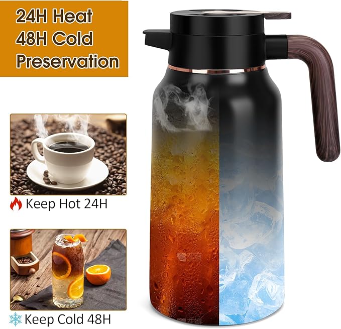 68oz Thermal Coffee Carafe, Stainless Steel Carafes for Hot Liquids 24 Hours, Insulated Coffee Carafes For Keeping Hot Coffee, Hot Water, Tea, Hot Beverage (2 Pack Black)