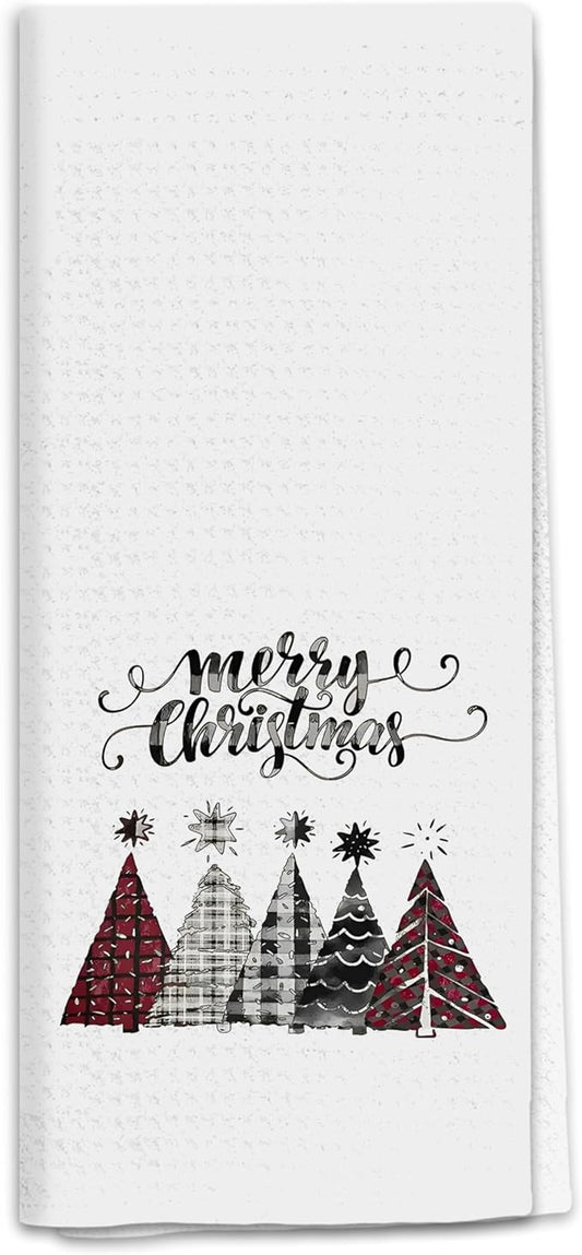 Vintage Christmas Tree Kitchen Towels, Merry Christmas Dish Tea Towels for Kitchen, Red Black and White Plaid Xmas Tree Decorative Hand Towel for Bathroom, 16x24 Inch