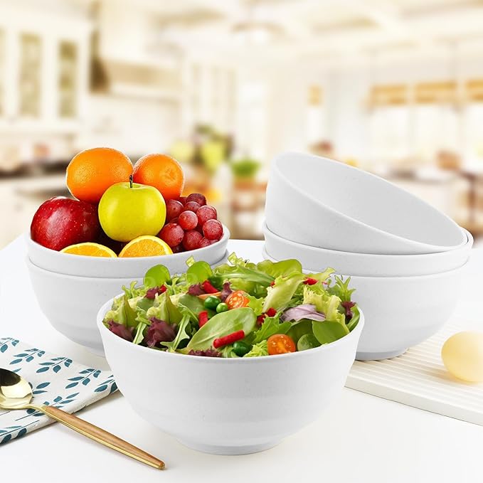 60 OZ Wheat Straw Bowls, Large Popcorn Bowl Sets of 6, Unbreakable Large Serving Bowls for Kitchen, Microwave and Dishwasher Safe Big bowl for Eating, Soup, Ramen, Cereal- White