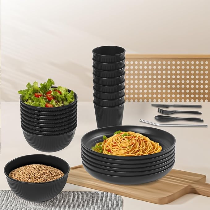64PCS Wheat Straw Dinnerware Set BPA Free Unbreakable Reusable Dinnerware Set Kitchen Cups Plates and Bowls Sets Dishwasher Microwave Safe Plates