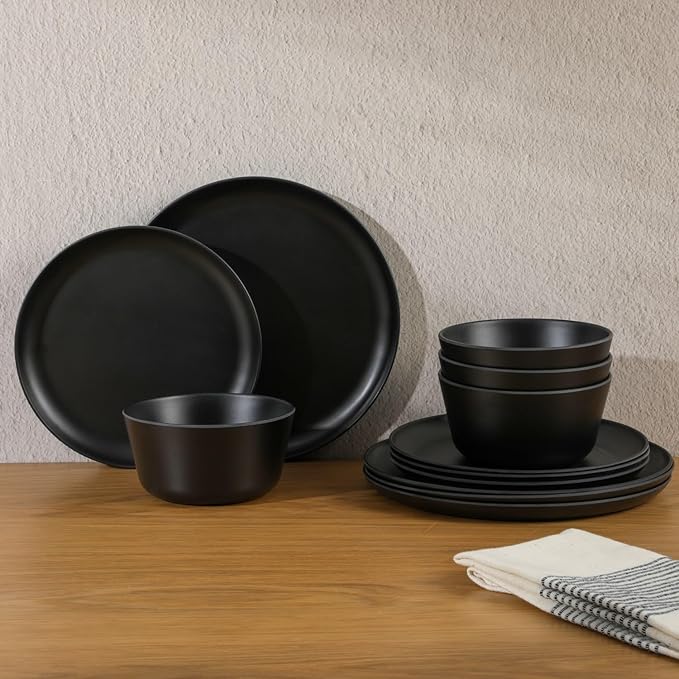 Gibson Home Fairhope 12-Piece Matte Black Melamine Dinnerware Set – Durable Lightweight Plates and Bowls, Kitchen Dining Set