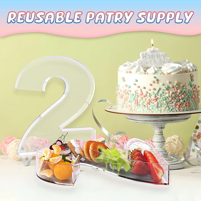 13.8" Extra Large Acrylic Number Charcuterie Board Box, Reusable Fillable Number Cake Candy Dish Display Serving Tray for Birthday Anniversary Party Decoration (2)