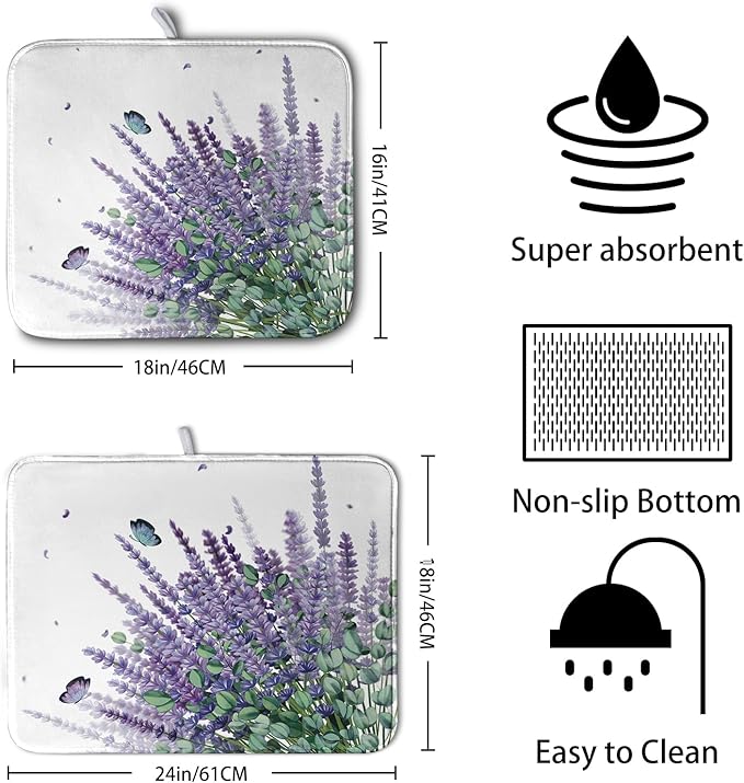 Purple Lavender Dish Drying Mat for Kitchen Counter Spring Summer Floral Microfiber Dish Drainer Mats Green Leaves Butterfly Absorbent Reversible Dish Drainer Rack Mat 16x18 Inch