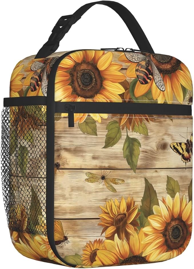Sunflower Lunch Box for Adults Women Girls Boys Kids Farmhouse Wooden Lunch Box Insulated Cooler Reusable Lunch Bag Container Gifts for Work Office Picnic Travel School