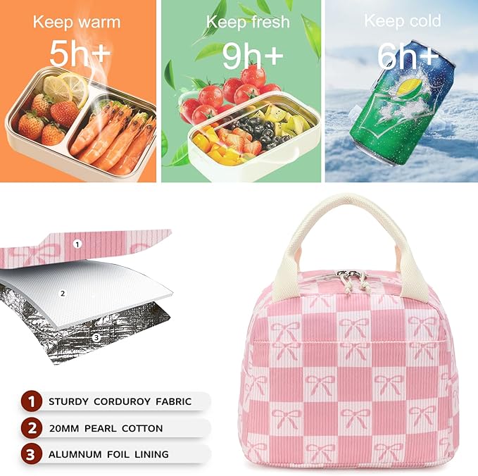 Bluboon Lunch Bag for Women Men Cute Corduroy Lunch Tote Bags Reusable Insulated Lunch Box Large Capacity Reusable Insulated Cooler for Work Picnic or Travel