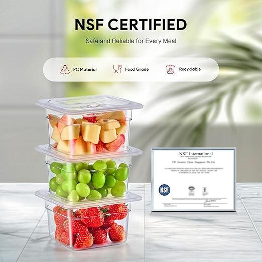 WILPREP 6 Pack Plastic Food Pans with Lids, 1/6 Size 4 in Deep Clear Food Storage Containers, 1.8 qt Stackable Polycarbonate Commercial Hotel Pans for Fruits Vegetables Beans Corns, NSF Listed