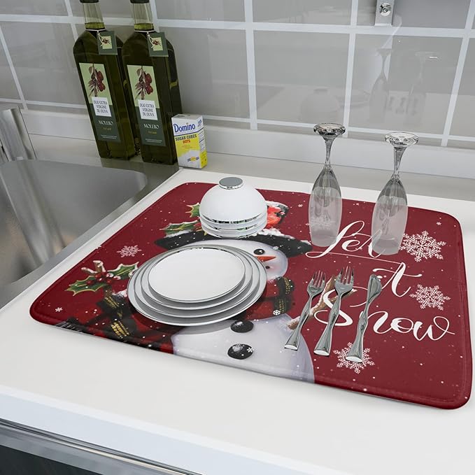 Christmas Dish Drying Mat for Kitchen Counter Snowman Let It Snow Microfiber Absorbent Dish Draining Reusable Washable Foldable Extra Large 18"x24"