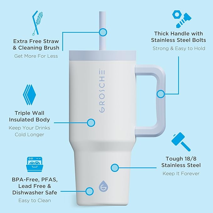 GROSCHE ASPEN 32 oz Tumbler with Handle and Straw. Extreme Insulation, Classy Design, Built to Last Insulated Stainless Steel Tumbler with Handle, Lid and Straw - Frost White