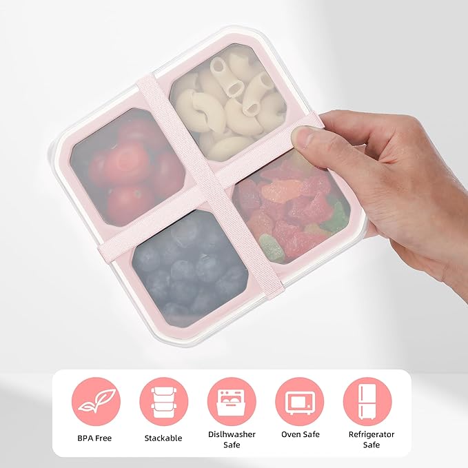 BEFOY 2 Pack Stainless Steel Snack Containers with Lids 4 Compartment Food Storage Containers for Adults Meal Prep Reusable for work or going out.(PINK, 2)