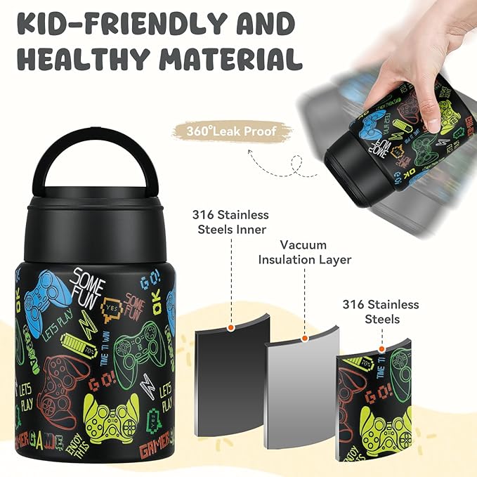 17oz Soup Thermo for Hot Food Kids Insulated Food Jar,Thermo Hot Food Lunch Container, Width Mouth Stainless Steel Lunch Box for Kids with Handle Folding Spoon(Black - Game Console)