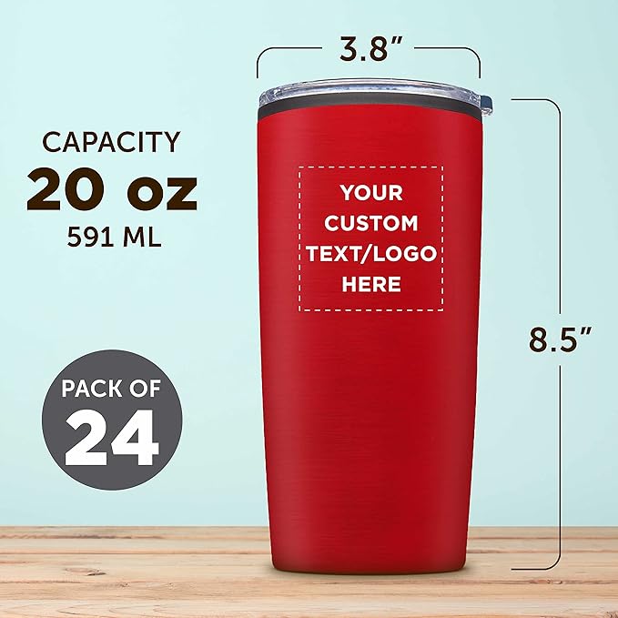 Custom Plastic Tumblers 20 oz. Set of 24, Personalized Bulk Pack - With lids, Ice Coffee Tumbler, To Go Cup, Insulated - Red