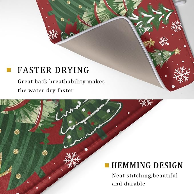 Christmas Dish Drying Mats 18x24, Farmhouse Gold Green Red Xmas Pine Trees Winter Holiday Washable Microfiber Absorbent Dishes Drainer Rack Pad for Coffee Machine Bar Sink Counter
