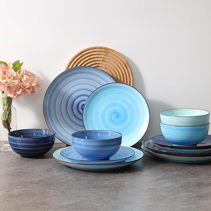 Selamica Ceramic Plates and Bowls Set, 24 Pieces Dinnerware Sets for 6, Scratch Resistant Dishes Set, Handpainted Swirl with Spot Dishwasher & Microwave Safe, Gradient Blue