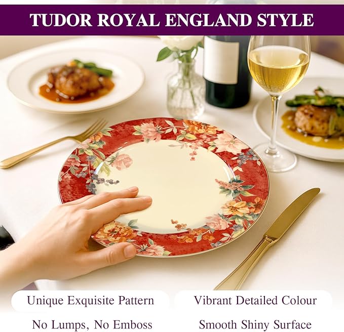 TUDOR Royal Collection 12-Piece Round Porcelain Dinnerware Set, Service for 4 with Dinner Plates, Bowls, and Salad Plates, Crimson Summer Floral Unique Design, Gloss Finish, Durable & Premium Quality