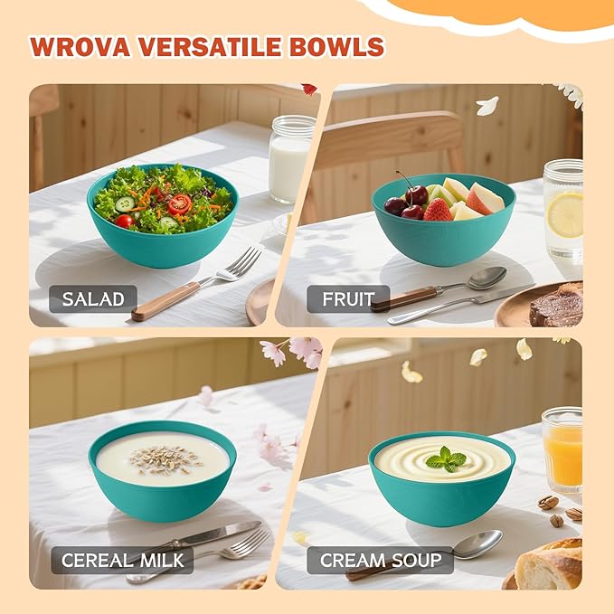 Wrova wheat straw bowls set of 4,40oz unbreakable salad bowl set with cover,alternative plastic bowls with cover for kitchen,party,camping and picnic. Green