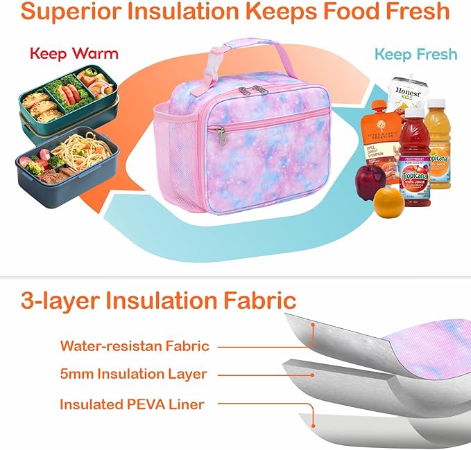 Bagseri Lunch Bag for Girls - Kids Lunch Box for Girls Reusable Leak-Proof and Insulated Kids Lunch Bag Toddler Lunch Box for Daycare and School, Glitter Pink Tie-dye (Water Bottle Not Included)