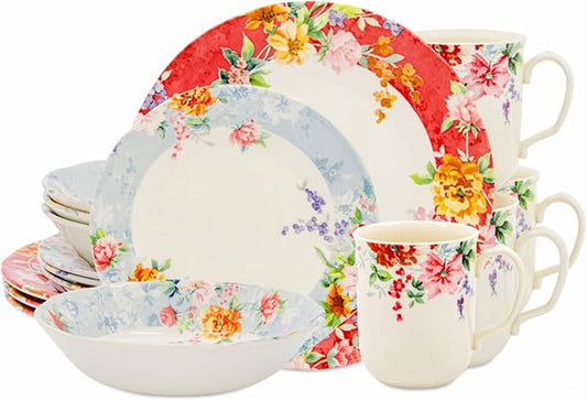 Tudor Royal 16-Piece Porcelain Round Dinnerware Set, Service for 4, Crimson Design, Summer Floral, Plates Bowls Mugs Dishes, Glossy, Premium Quality Tableware, Unique Pattern