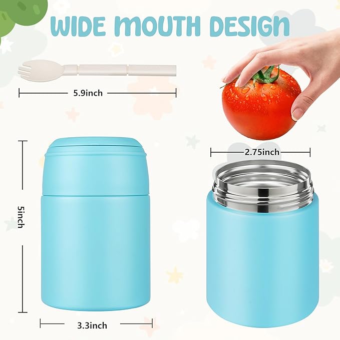 10oz Soup Thermo for Hot Food Kids Insulated Food Jar with Spoon Wide Mouth Stainless Steel Lunch Container Leak Proof Vacuum Food Box for School Travel Picnic Ice Blue