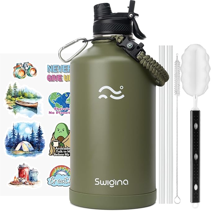 [2-IN-1 LID] Gallon Insulated Water Bottle with Silicone Boot (48hrs Cold/24hrs Hot) - DIY Stickers, Leakproof, BPA Free, 128 oz