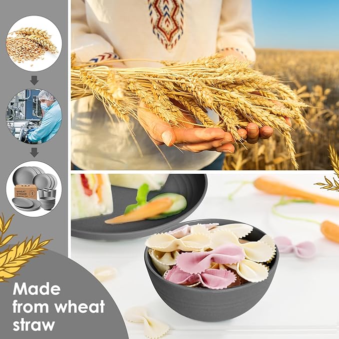 Teivio 32-Piece Kitchen Plastic Wheat Straw Dinnerware Set, Service for 8, Dinner Plates, Dessert Plate, Cereal Bowls, Cups, Unbreakable Colorful Plastic Outdoor Camping Dishes, Gray Matte