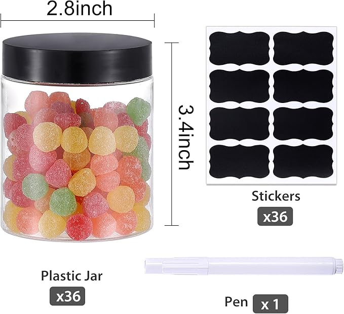 36PCS 8OZ Plastic Jars with Screw On Lids,Labels Refillable Empty Round Slime Containers for Storing Dry Food, Honey Jam, Cream, Butter, Lotion (Black)