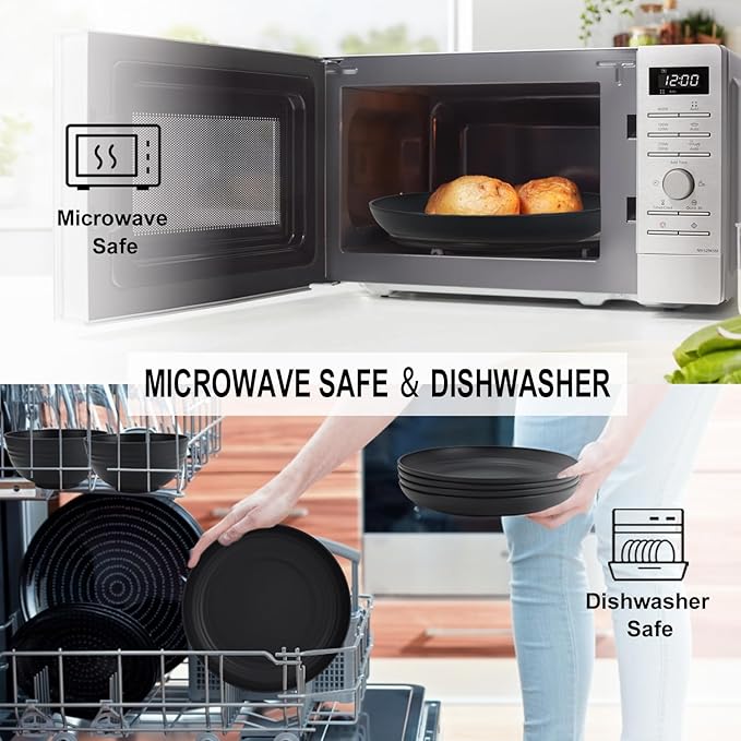 28-Piece Wheat Straw Dinnerware Sets, Microwave & Dishwasher Safe Unbreakable Dinnerware Set, Reusable Dishware Sets, Lightweight Camping Dishes, Plates, Cups, Cereal Bowls for 4（Black）