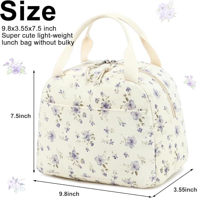 BTOOP Lunch Box for Women Men Cute Corduroy Lunch Bags Large Capacity Insulated Lunch Tote Bag For Work Travel Or Picnic (Grace Purple Flower)