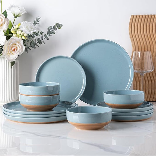 AmorArc Ceramic Dinnerware Sets for 4, 12 Pieces Handpainted Plates and Bowls Set with Rustic Terracotta Underside, Scratch Resistant Stoneware Dishes Set, Dishwasher & Microwave Safe, Stone Blue