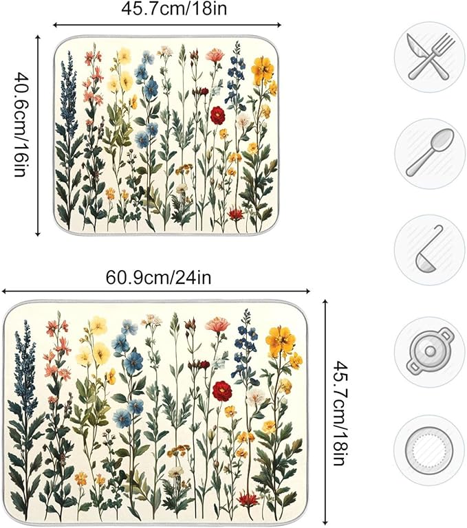 Vintage Plants and Colorful Flowers Dish Drying Mat for Kitchen Counter Super Absorbent Dishes Pad Reversible Microfiber Protector Dish Draining Mats 16x18 inch