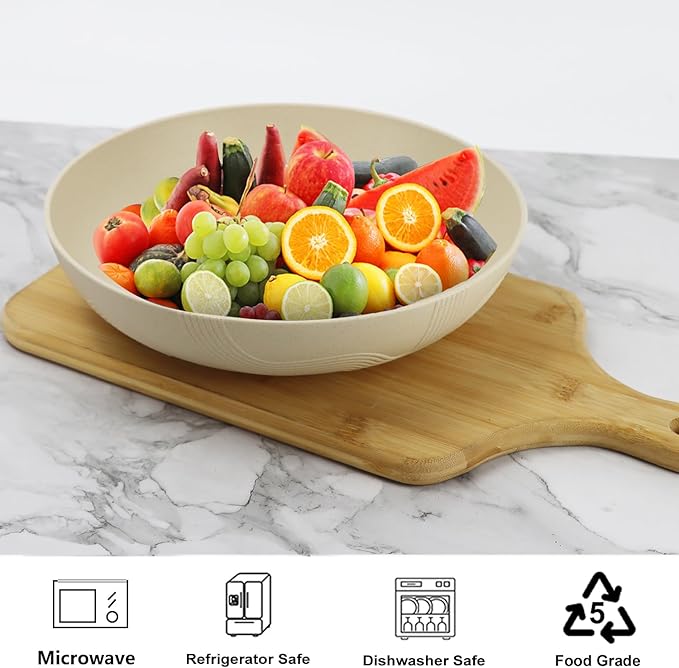 10inches Large Pasta Bowls Set of 6-65oz Wheat Straw Bowls,Bowl Plates,Large Plastic Bowls Reusable for Pasta,Salad,Soup,Unbreakable & Lightweight Bowls for Kitchen,Dishwasher Safe,BPA-Free(Beige)