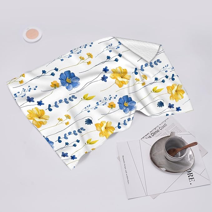 Blue Yellow Flower Kitchen Dish Towels Set of 2, Soft Absorbent Watercolor Floral Hand Towels Tea Towels for Kitchen Spring Summer Home Decor,Housewarming Gifts for New Home Women, 16x24 inch