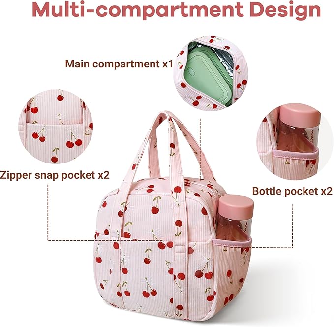 Yarnic Corduroy Lunch Bag Women Men Insulated, Large Lunch Box for Work with Bottle Pockets, Stylish Reusable Cooler Tote for Adults Teachers Picnic Hiking (Cherry Bow)