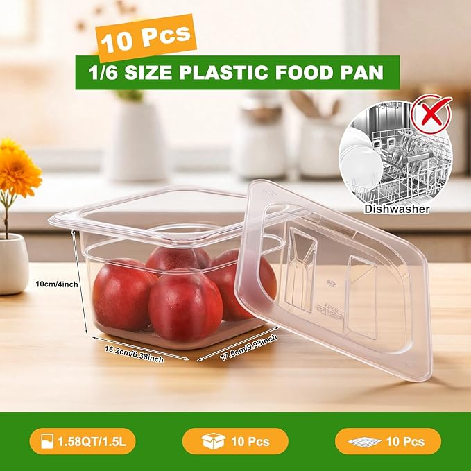 West Bay 10 Pack 1/6 Size Plastic Food Pans with Lids, 4 Inch Deep Clear Polycarbonate Hotel Pans for Commercial & Home Use, Stackable Food Storage Containers for Fridge, Kitchen & Catering